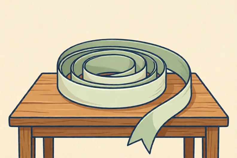 A long ribbon curling round on a wooden table