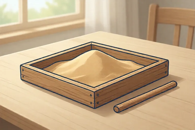 A wooden tray of dry sand with a wooden stick lying beside it