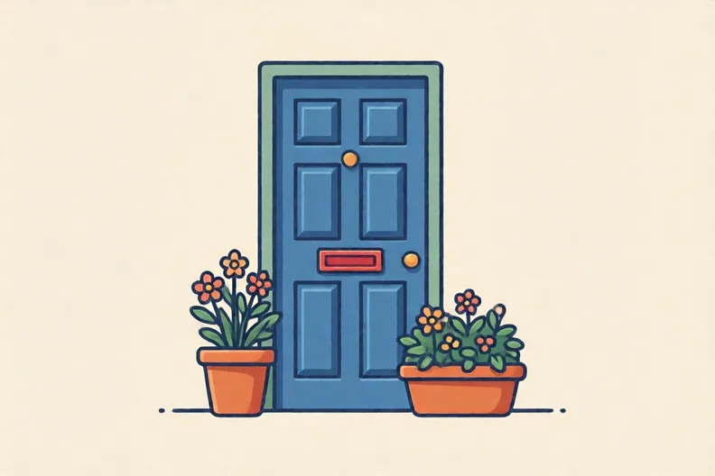 A blue front door with a red letterbox and a flower pot beside it