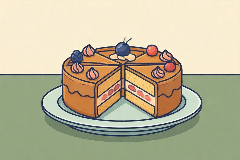 A plate with a cake cut into slices on a kitchen table