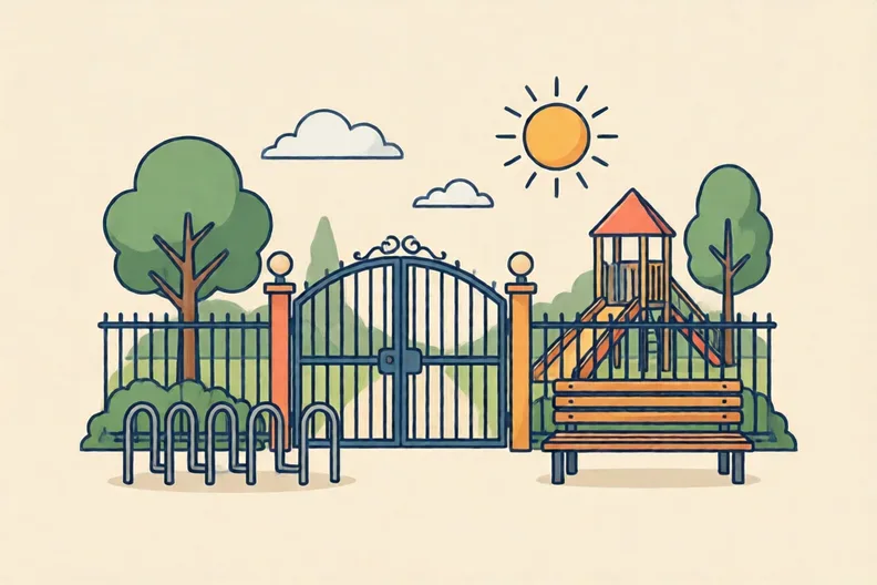 A school gate with a bike rack and a sunny playground behind it