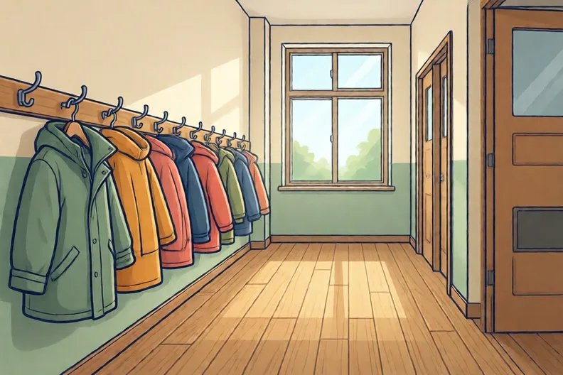 A school corridor with a row of coats on hooks by a bright window