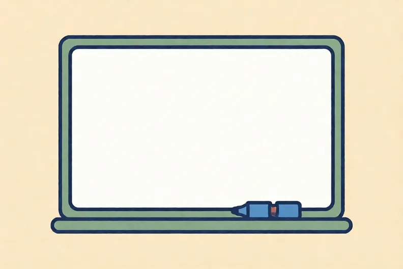 A plain whiteboard with a blue pen tray underneath