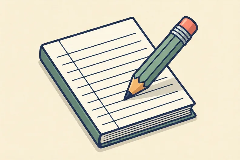 A blank tramlined exercise book page with a pencil lying across it