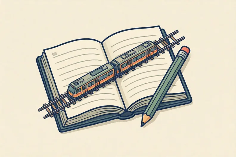 A tramlined exercise book page on a kitchen table with a pencil lying beside it