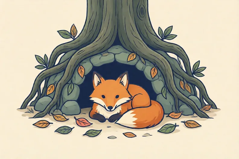 A fox's den under tree roots with fallen leaves on the ground
