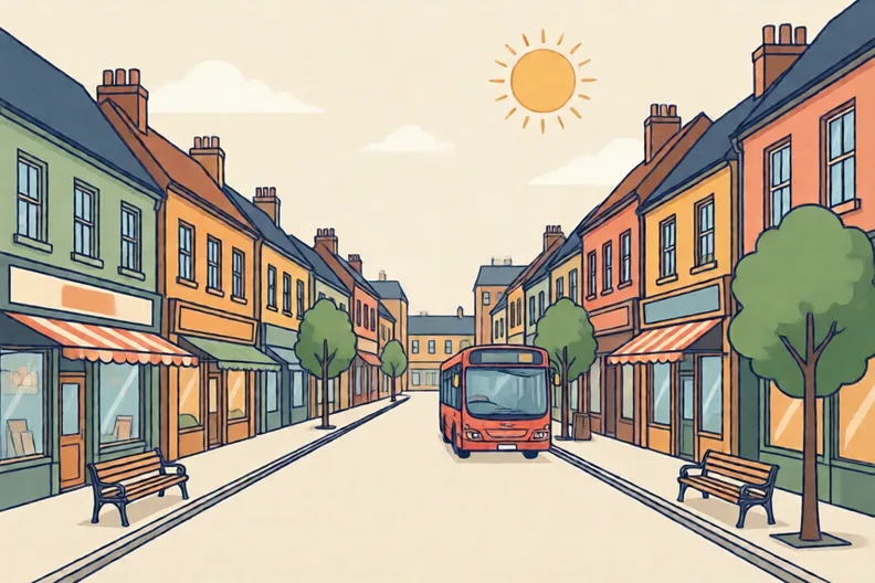 A busy high street with shop fronts, a red bus and a bench