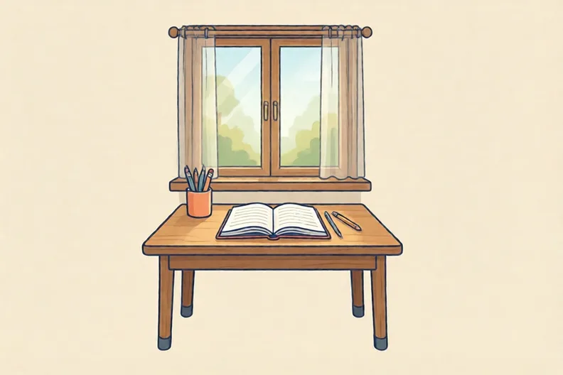 A child's wooden desk with an open notebook and a pencil on it