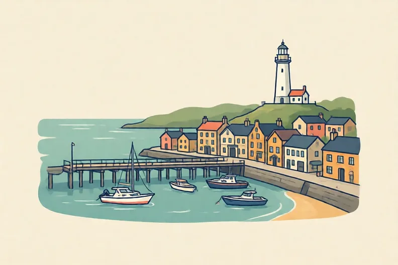 A seaside town with a pier, small boats and a lighthouse on a bright morning