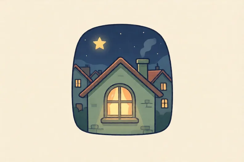 A small window at night with one star above a village roof