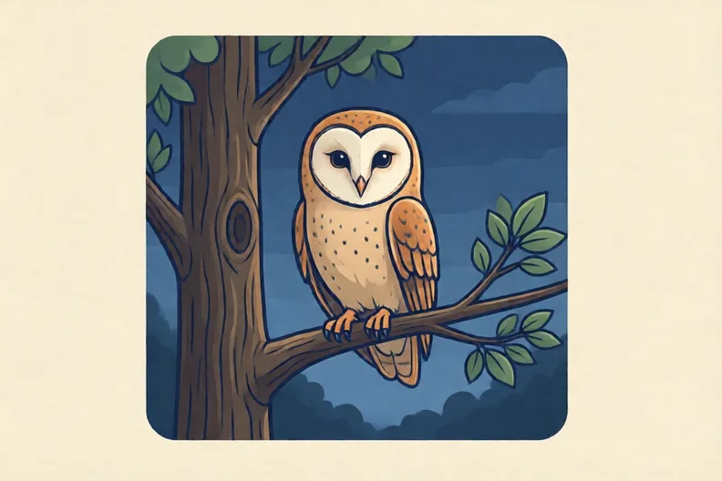 A barn owl perched high in a tree as the sky turns dark blue at dusk