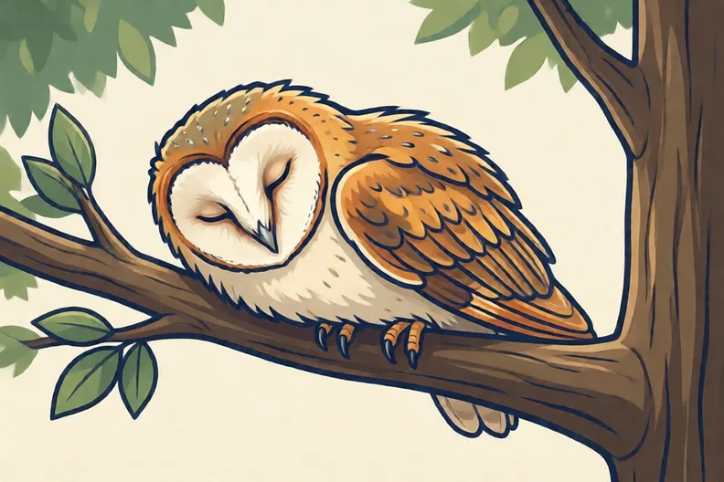 A barn owl asleep on a branch in daylight with its eyes closed
