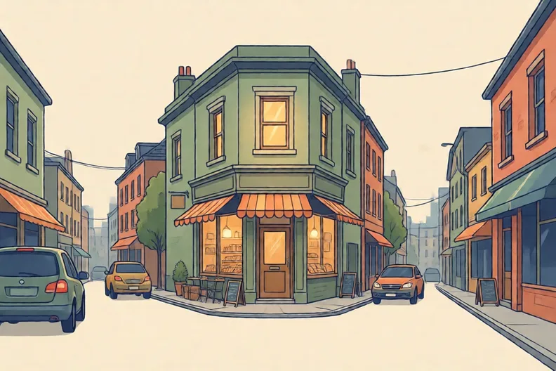 A busy town street with a small shop and a window above it