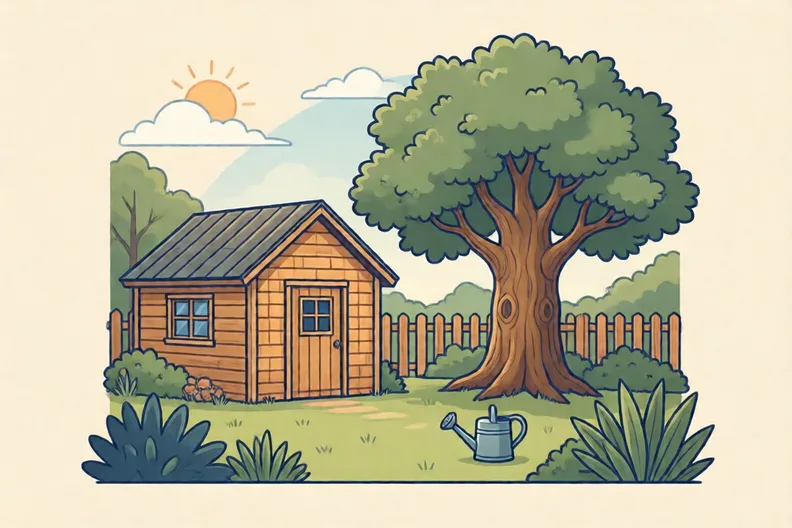 A sunny back garden with a wooden shed and a tall oak tree