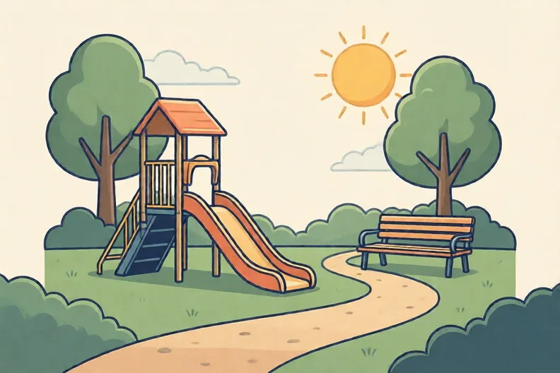 A sunny park with a slide, a bench and a path