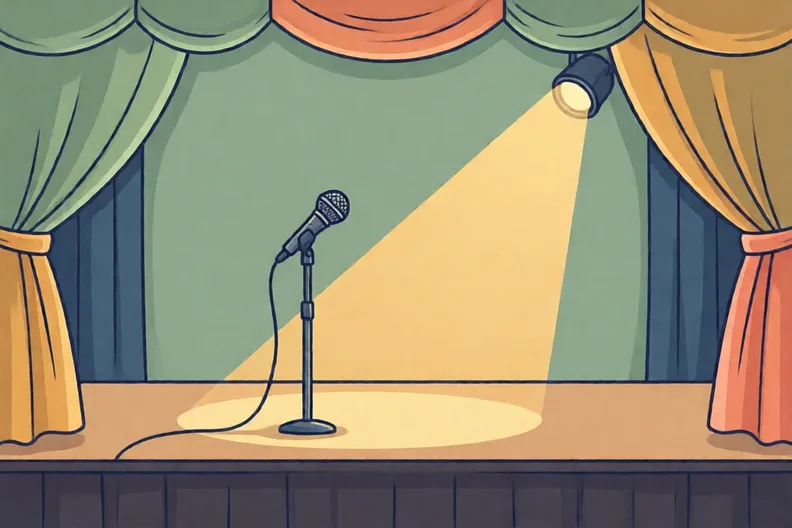 An empty stage with a microphone and a spotlight