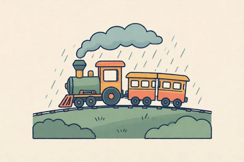 A small train in the rain on a grey hill
