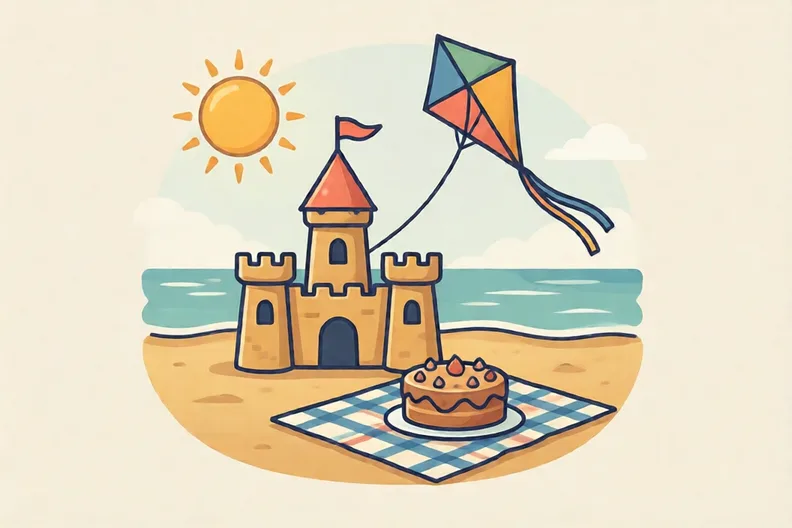 A sunny beach with a sandcastle, a kite and a picnic blanket with a cake on it