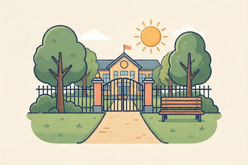 A path from a school gate to a small park with a bench, sunny day