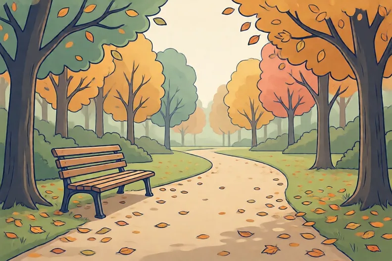 A quiet park path in autumn with leaves on the ground and a bench