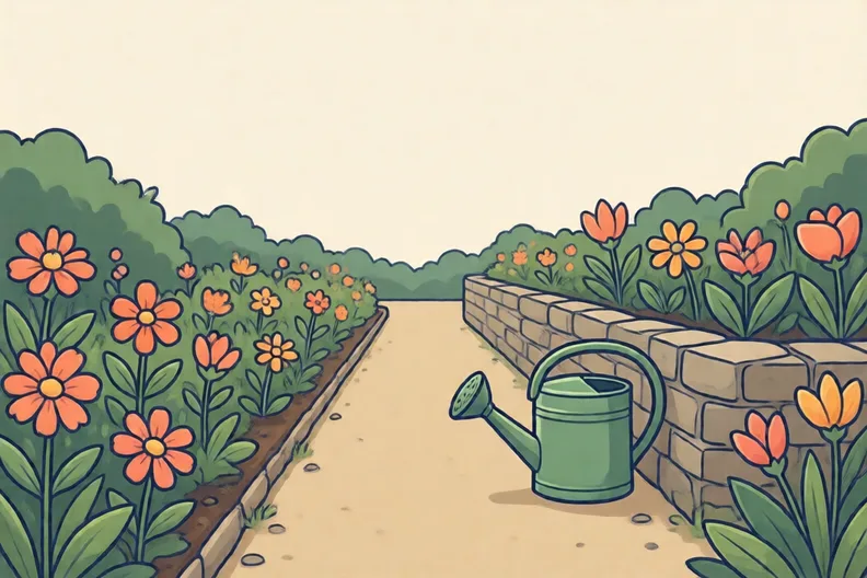 A garden path lined with flower beds and a green watering can