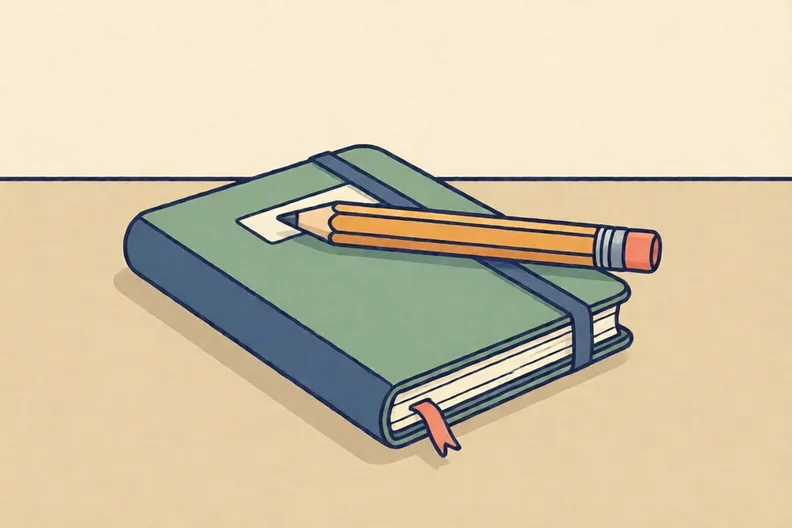 A closed school notebook and a pencil on a table