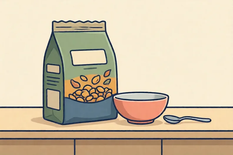 A cereal packet standing on a kitchen counter next to a bowl
