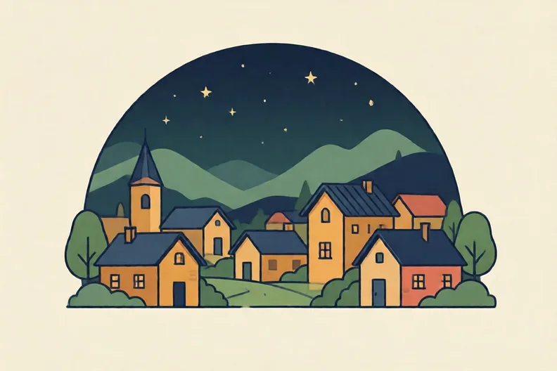 A night sky over a quiet village with a few stars and no moon