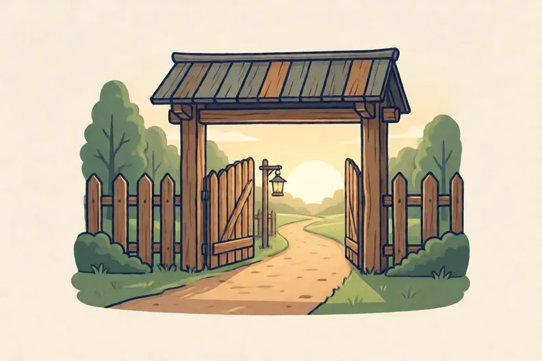A wooden village gate at dawn beside a dirt road, a lantern hanging nearby