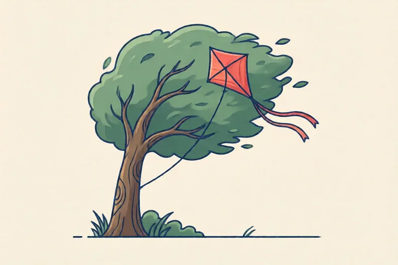 A windy park with a tall green tree and a red kite caught in its top branches