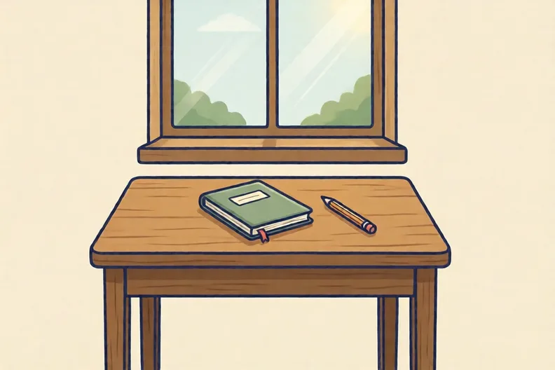 A wooden desk by a window with a blank notebook and a pencil