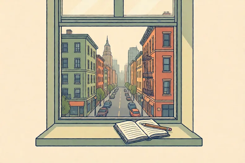 A city street seen from a window with a notebook on the sill
