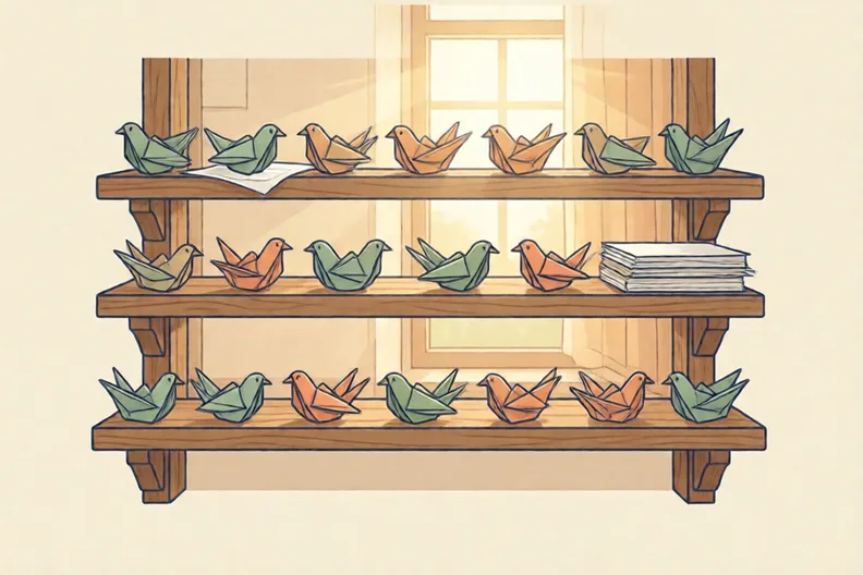 Paper birds lined up on a café shelf in morning light
