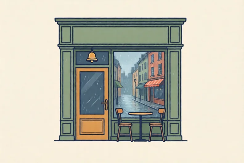 A café door with a small bell above it, a rainy street outside