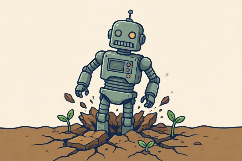 A dull metal robot bursting up out of cracked soil, with green spring shoots around it.