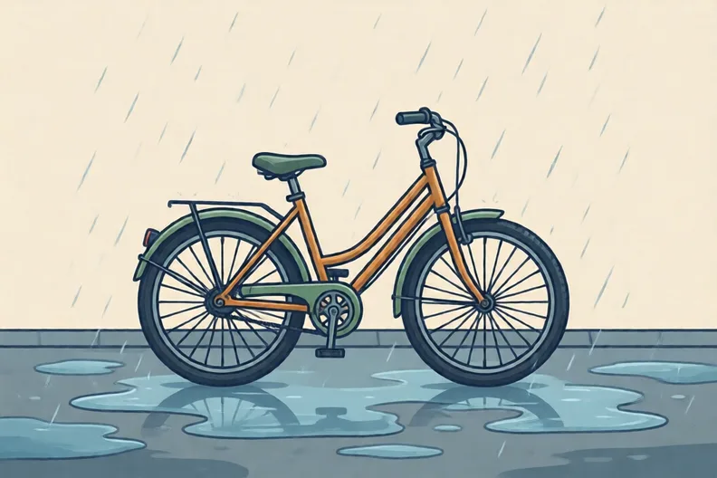 A bicycle standing alone on a wet pavement in the rain