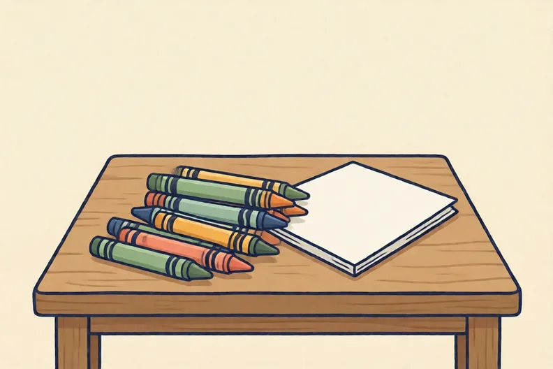 Crayons lying flat on a wooden table beside a blank folded sheet of paper.