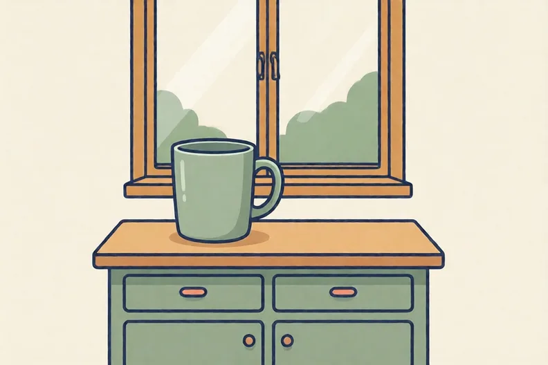 A kitchen worktop with a cup and a window behind it