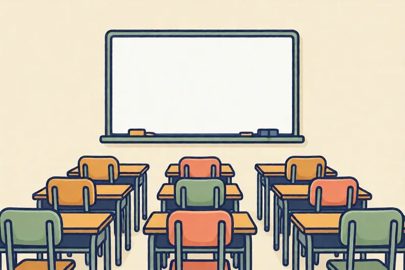 A bright classroom with a whiteboard and rows of empty chairs