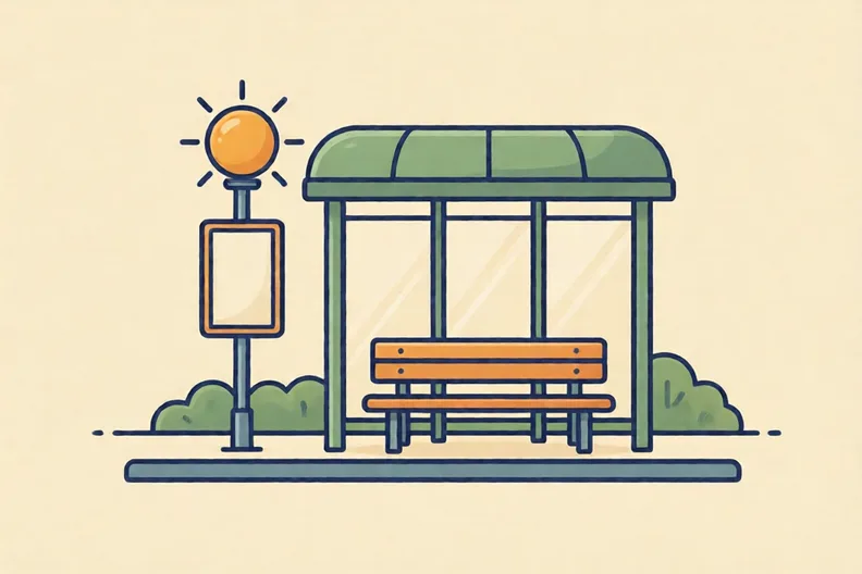 A sunny bus stop with a timetable board on a pole and a bench