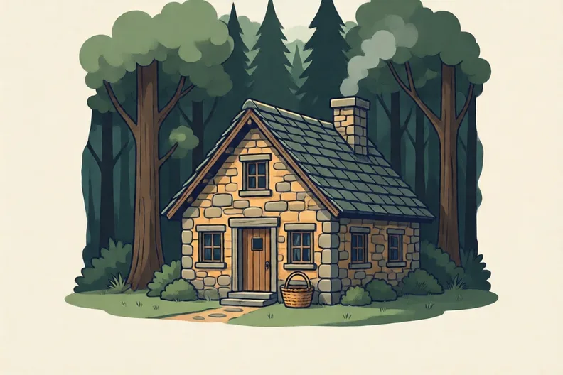 A small stone cottage at the edge of a dark wood with a basket on the doorstep
