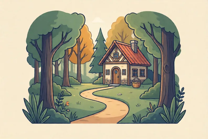 A winding forest path leading to a cottage with a basket by the door