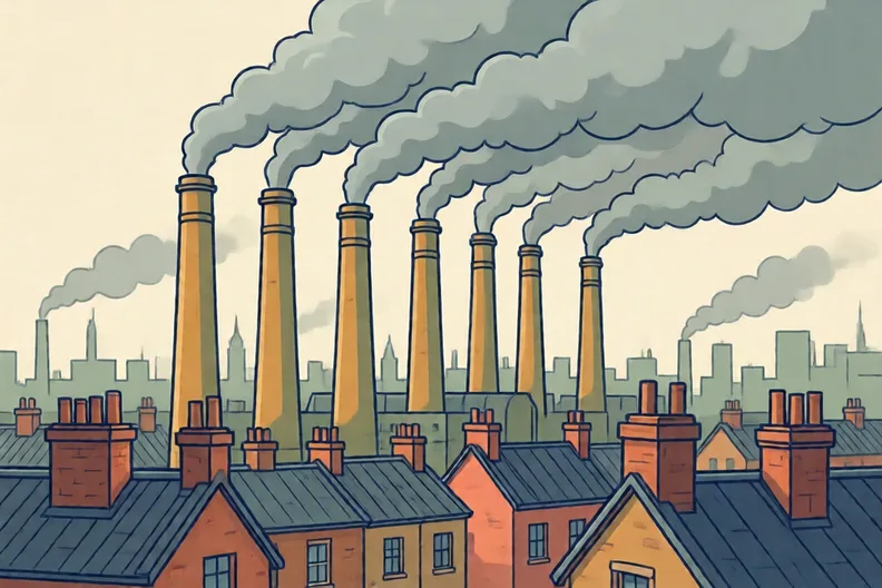 Factory chimneys over London rooftops, with thick grey smoke rising into the sky