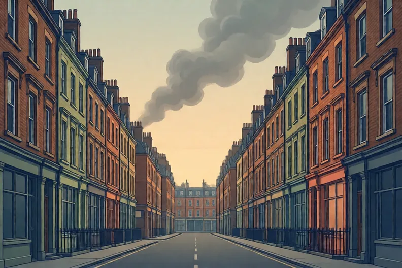 A smoky Victorian street with tall brick houses and no people in view