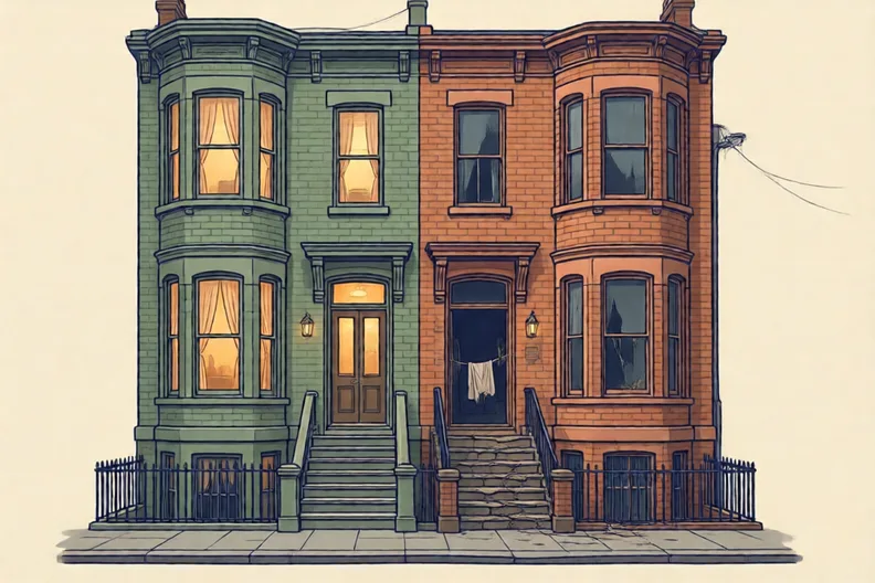 Two tall brick houses side by side, one with lit windows and one dark and bare