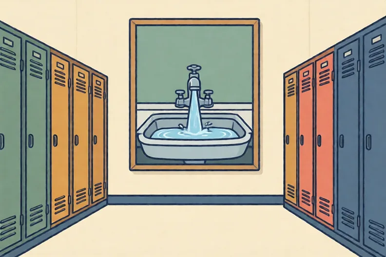 A school corridor with lockers and a large poster of a sink on the wall