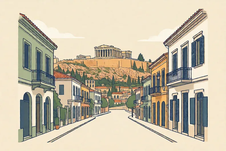 A sunny street in Athens with a view of an ancient hilltop temple