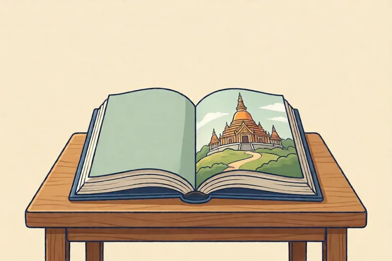 An open book on a table with a temple drawn on its cover