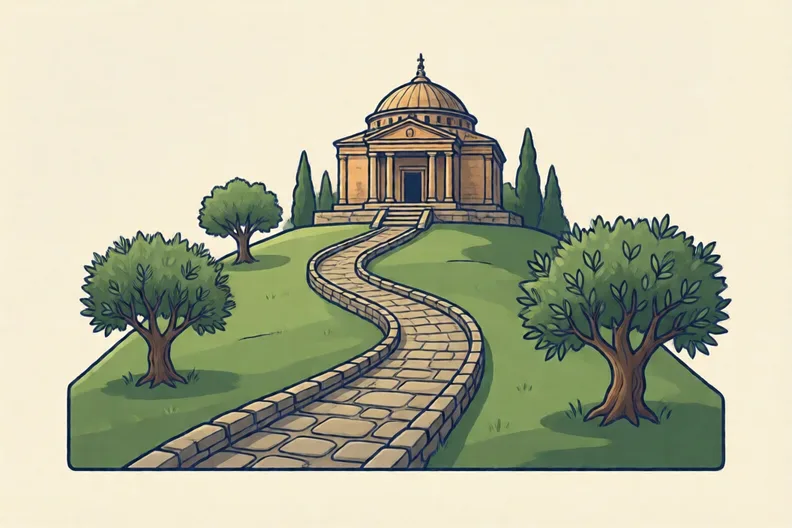 A green hillside with an old stone road winding up to a temple