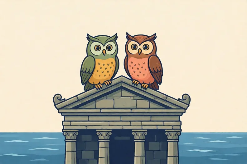Two owls perched on a stone temple roof above a blue sea